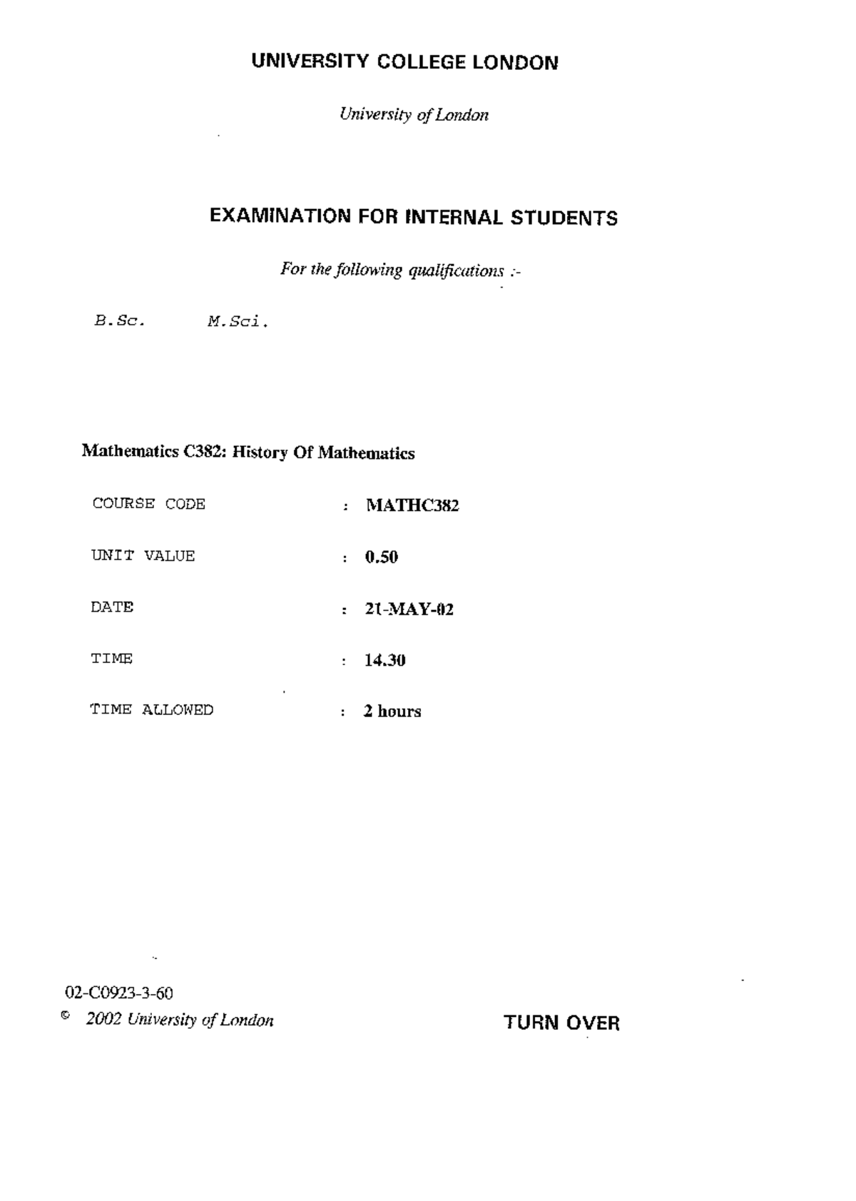 Exam 21 May 2002, questions, History of Mathematics - UNIVERSITY ...
