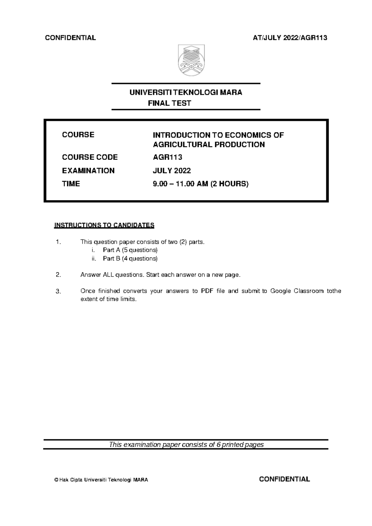 Agr113 Final Exam July 2022 1 Course Introduction To Economics Of