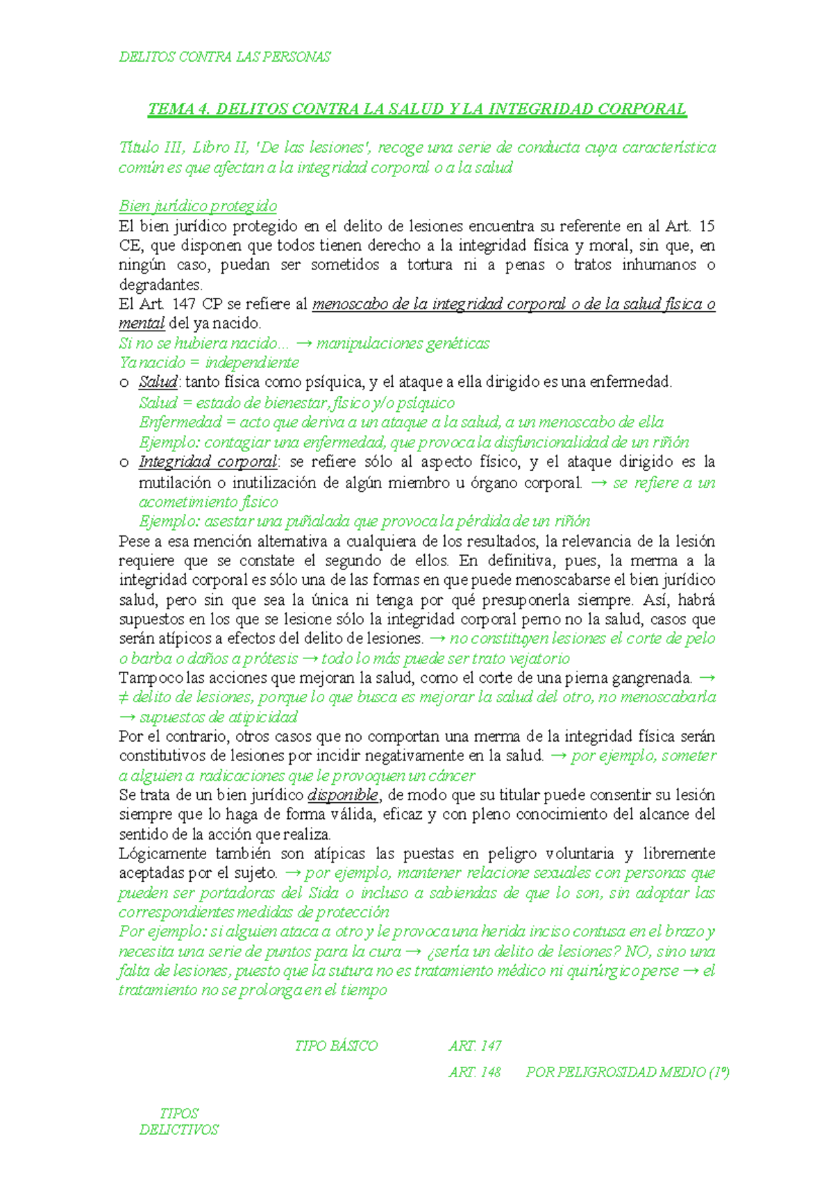 TEMA 4 Delitos Contra LA Salud Y LA Integridad Corporal - TEMA 4 ...