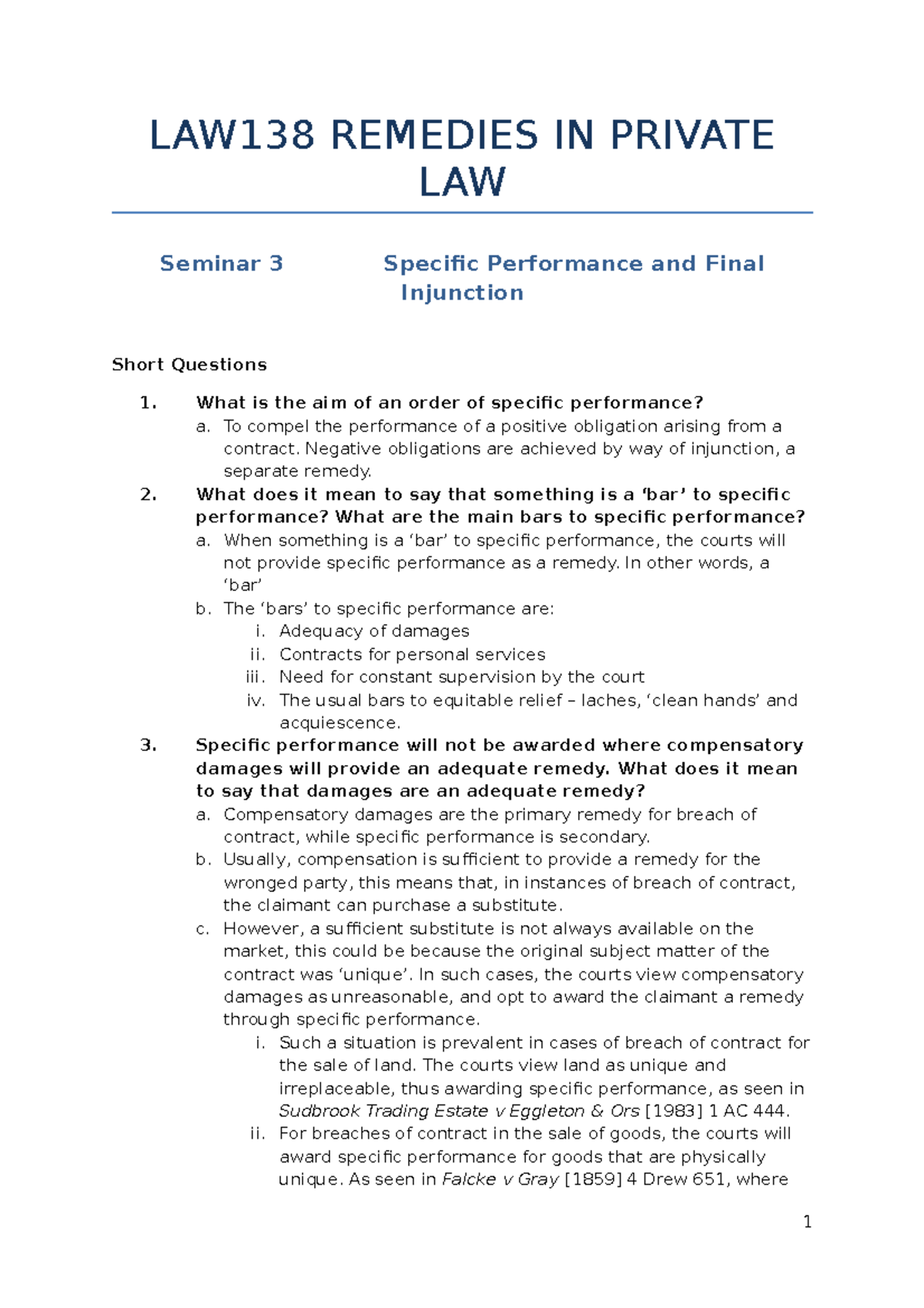 Seminar 3 - Specific Performance and Injunction - LAW138 REMEDIES IN ...