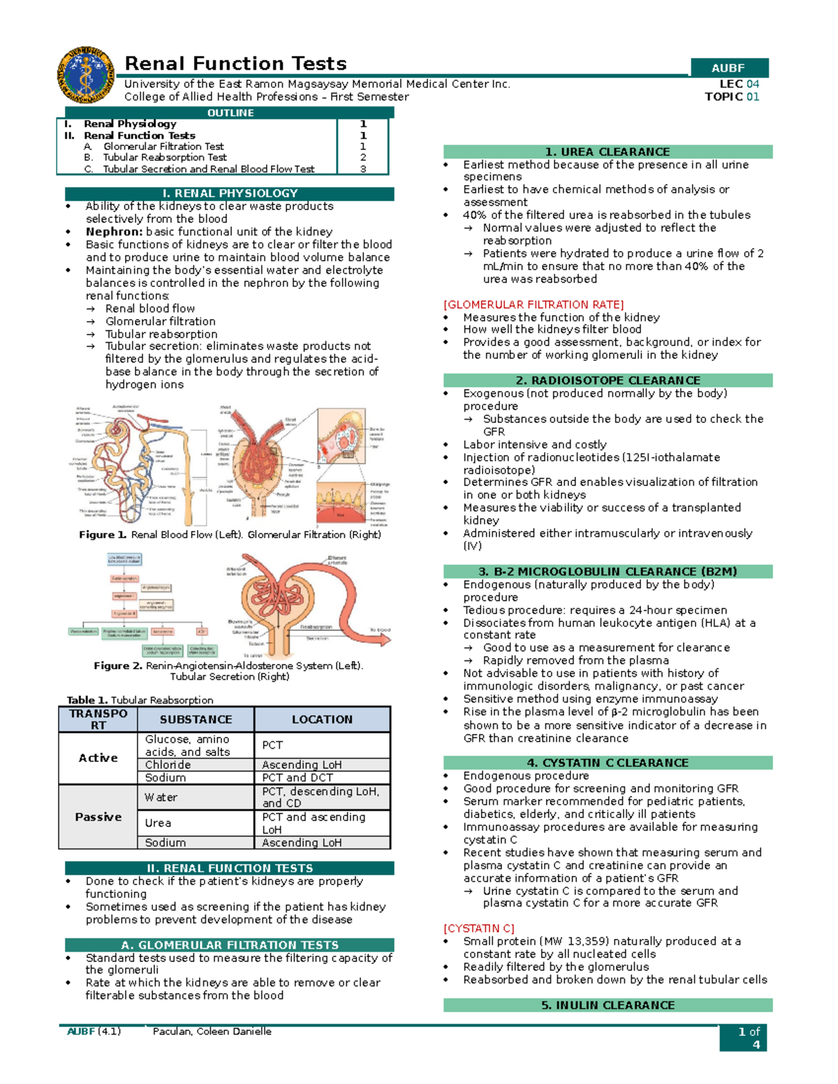 AUBF Lecture 4.1 - Renal Function Tests AUBF University of the East ...
