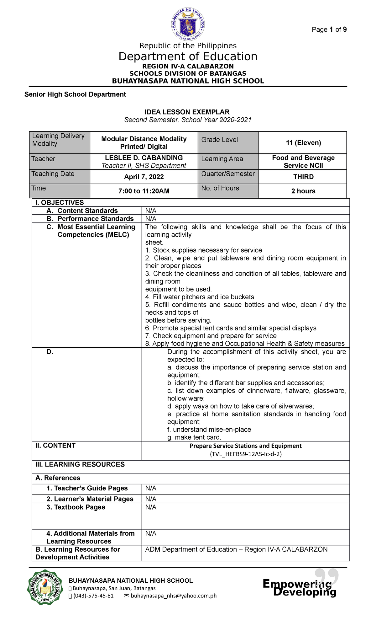 Cabanding- Leslee- Lesson-PLAN - Republic of the Philippines Department ...