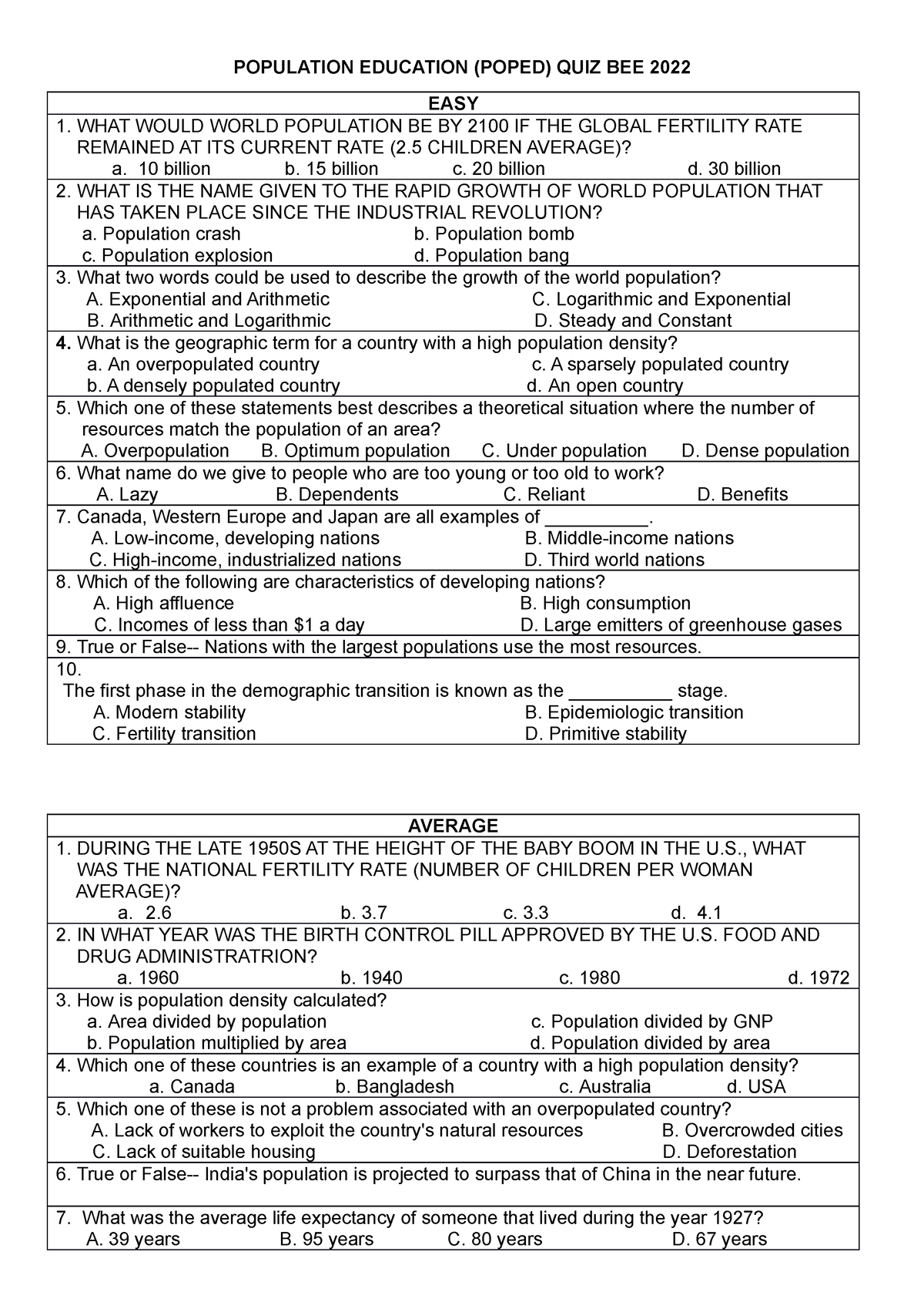 Quiz-Bee-Questionaire 3 - POPULATION EDUCATION (POPED) QUIZ BEE 2022 ...