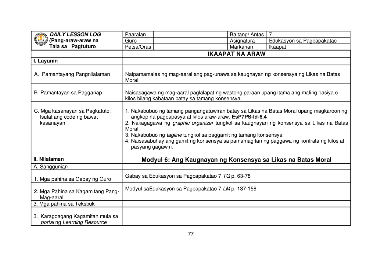 Dll Esp 8 Dl4 Pdf Daily Lesson Log Paaralan Pang Araw 