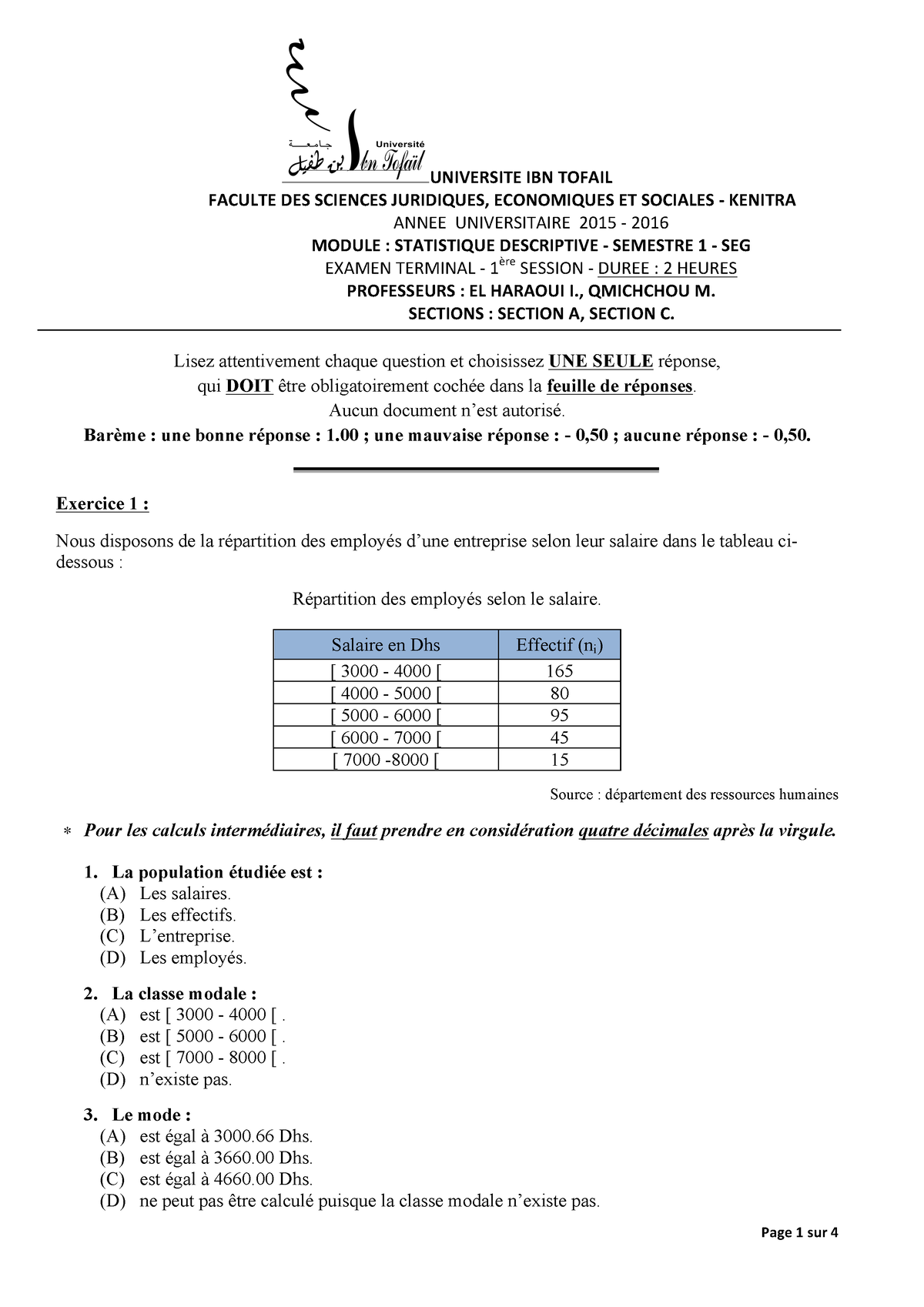 Examen De Statistique Descriptive (Session 1 AU 2015-2016 ...