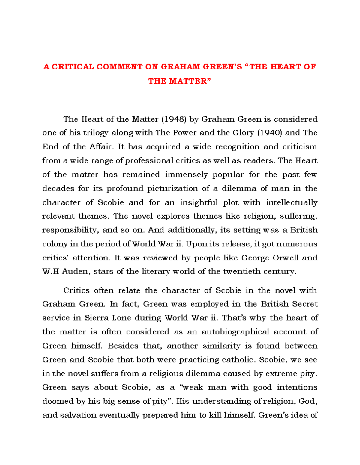 A Critical Comment ON Graham Green’S “THE Heart OF THE Matter - A ...
