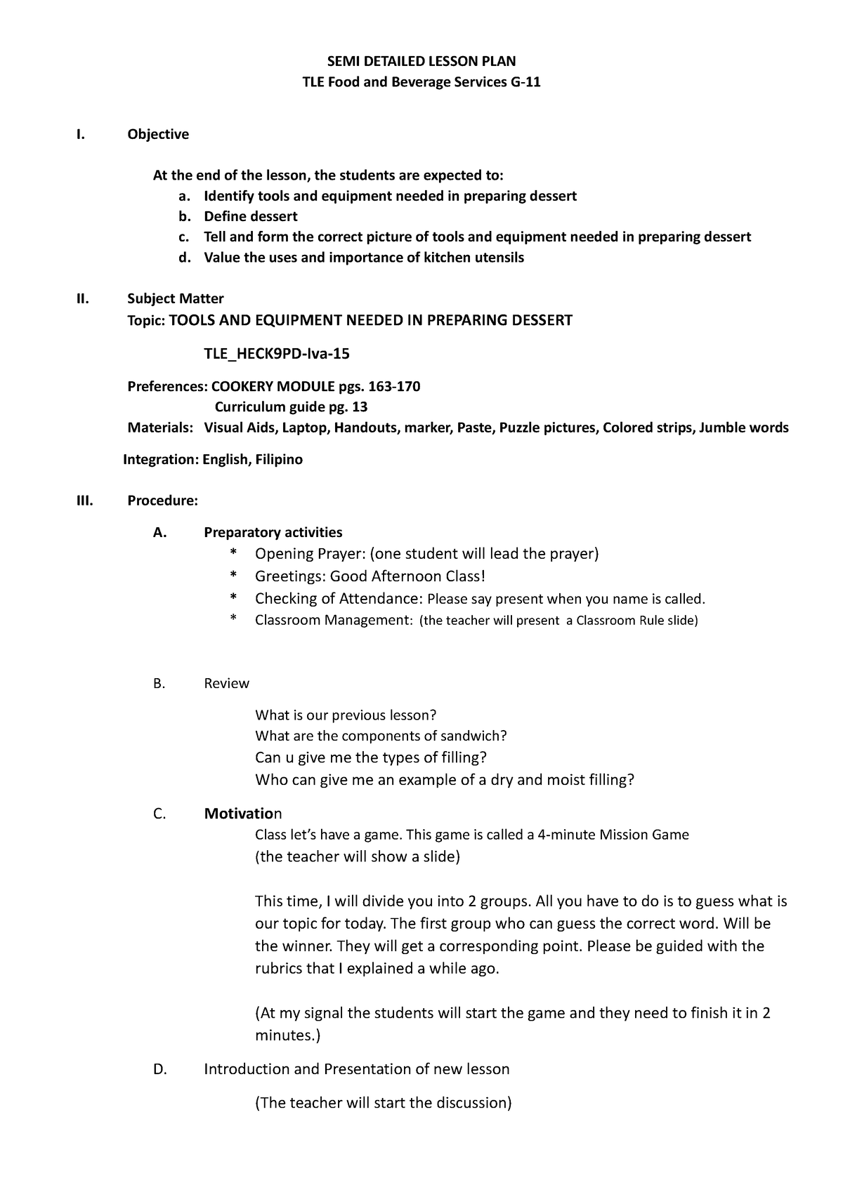 Dessert Tools And Equipment Oroginal - SEMI DETAILED LESSON PLAN TLE ...