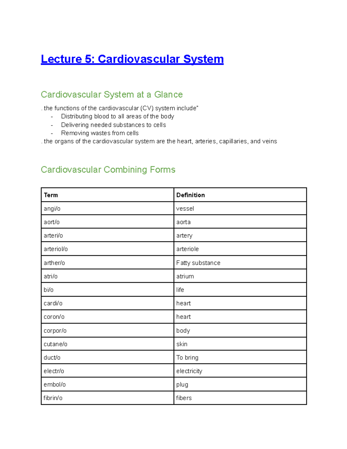 Med Term 5 - Medical Terminology Notes On The Cardiovascular System ...