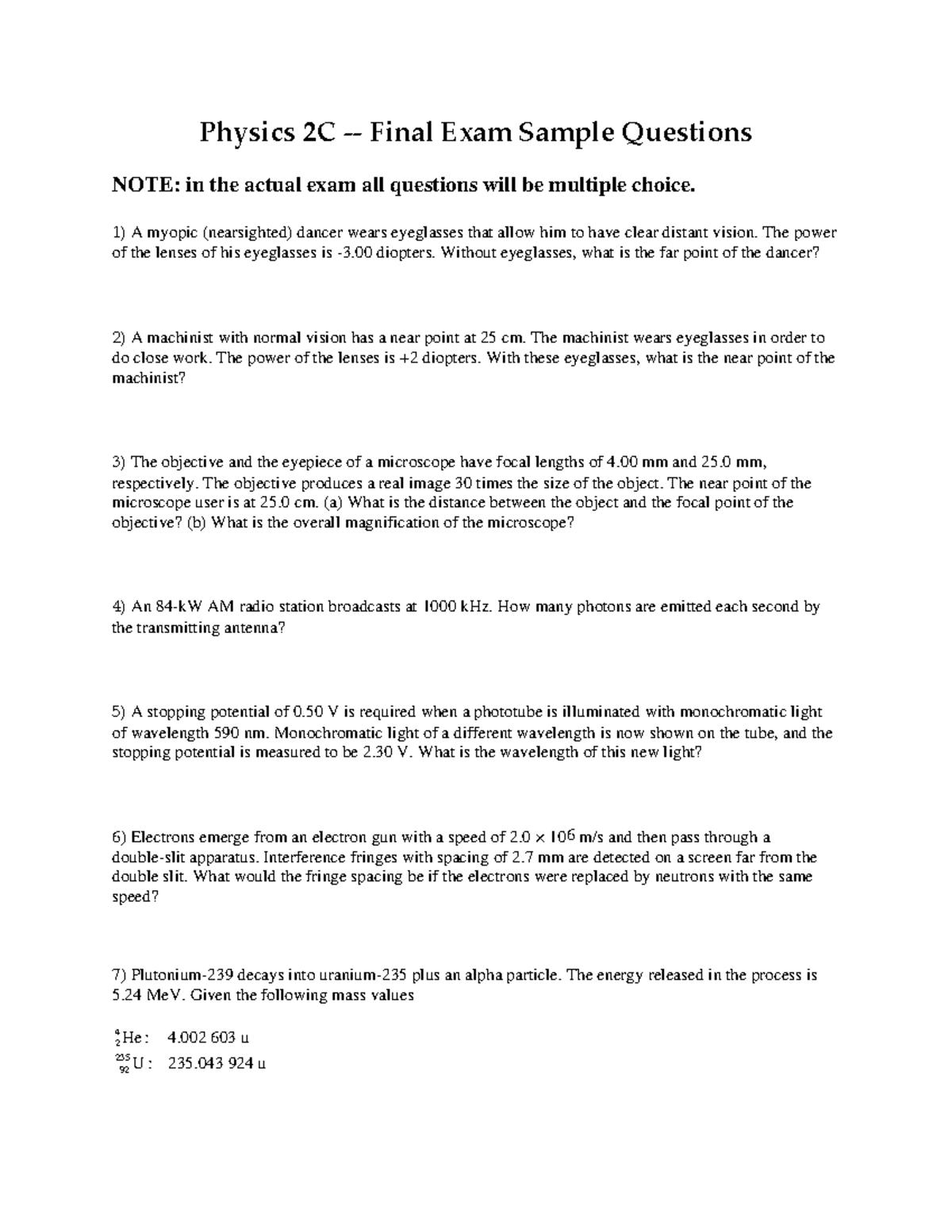2C final sample S22 - Practice - Physics 2C - Final Exam Sample ...