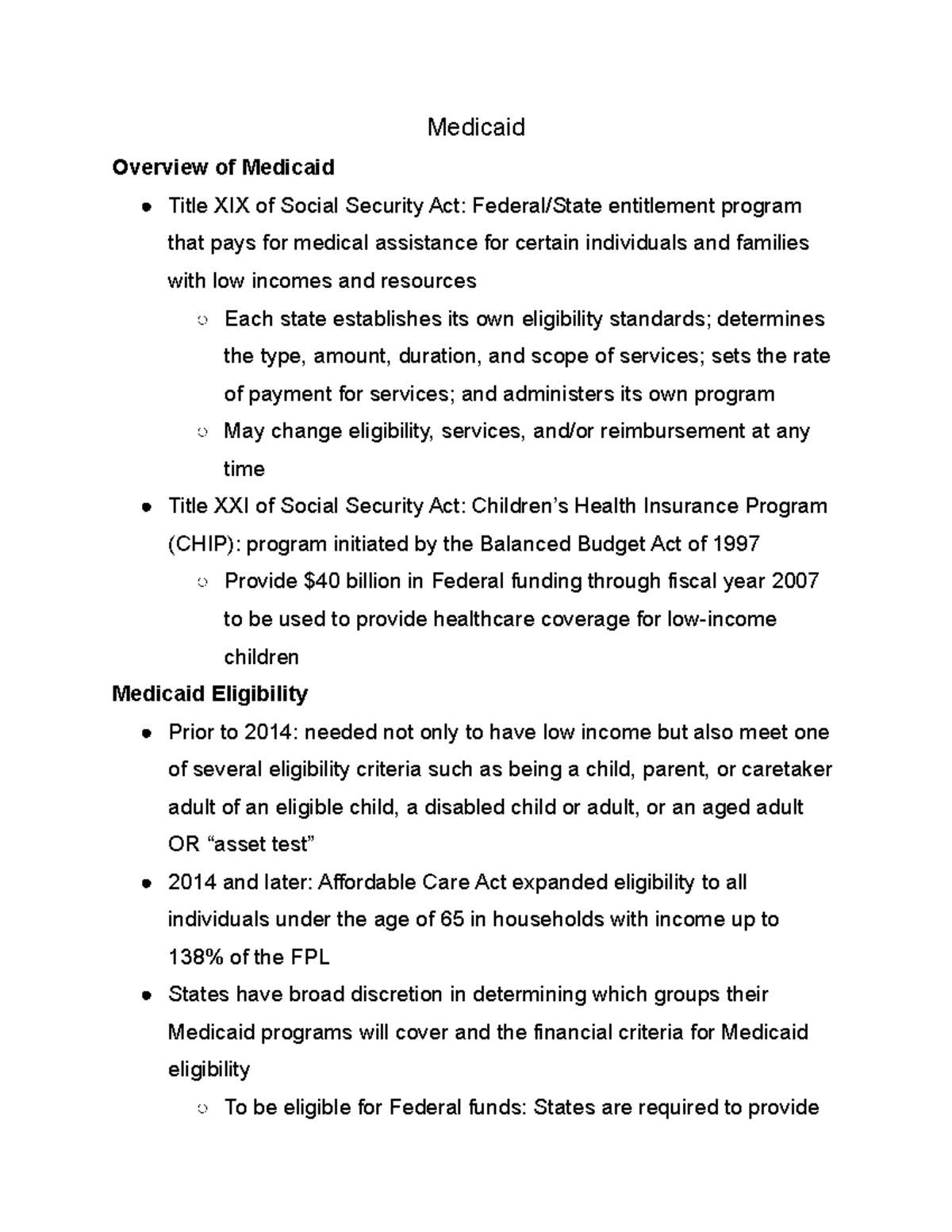 Module 9 Medicaid Overview of Medicaid Title XIX of Social Security Act Federal/State Studocu