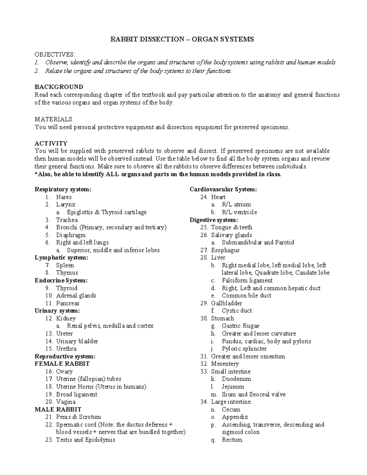 Biology 20 Lab Manual V 2F RABBIT DISSECTION ORGAN SYSTEMS