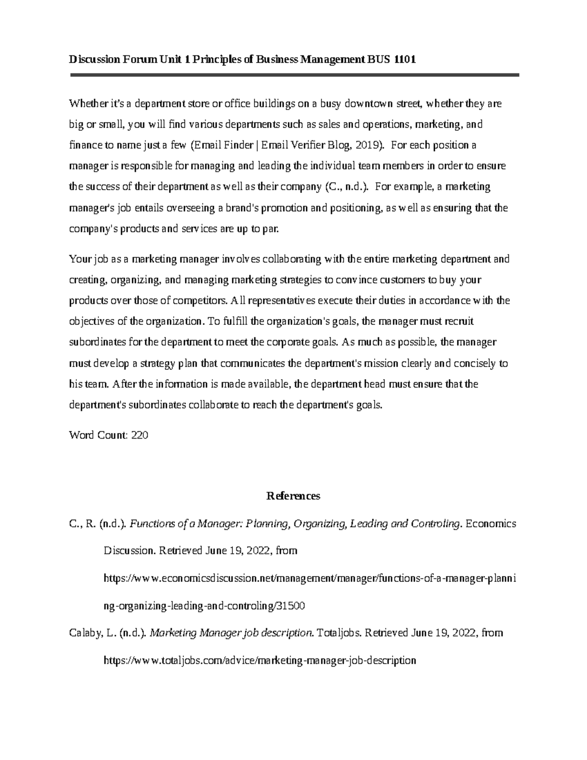Discussion Forum Unit 1 Principles of Business Management BUS 1101 ...