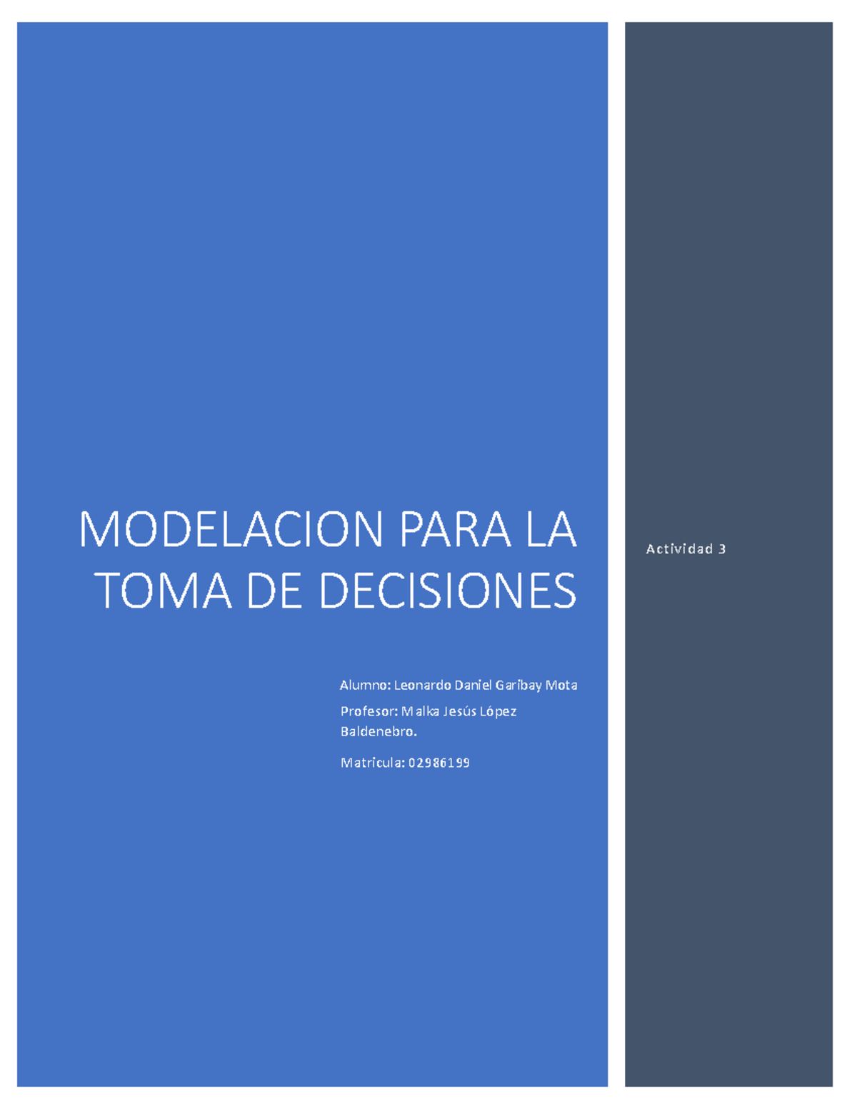 Actividad 3. Modelacion Para La Toma De Decisiones - MODELACION PARA LA ...