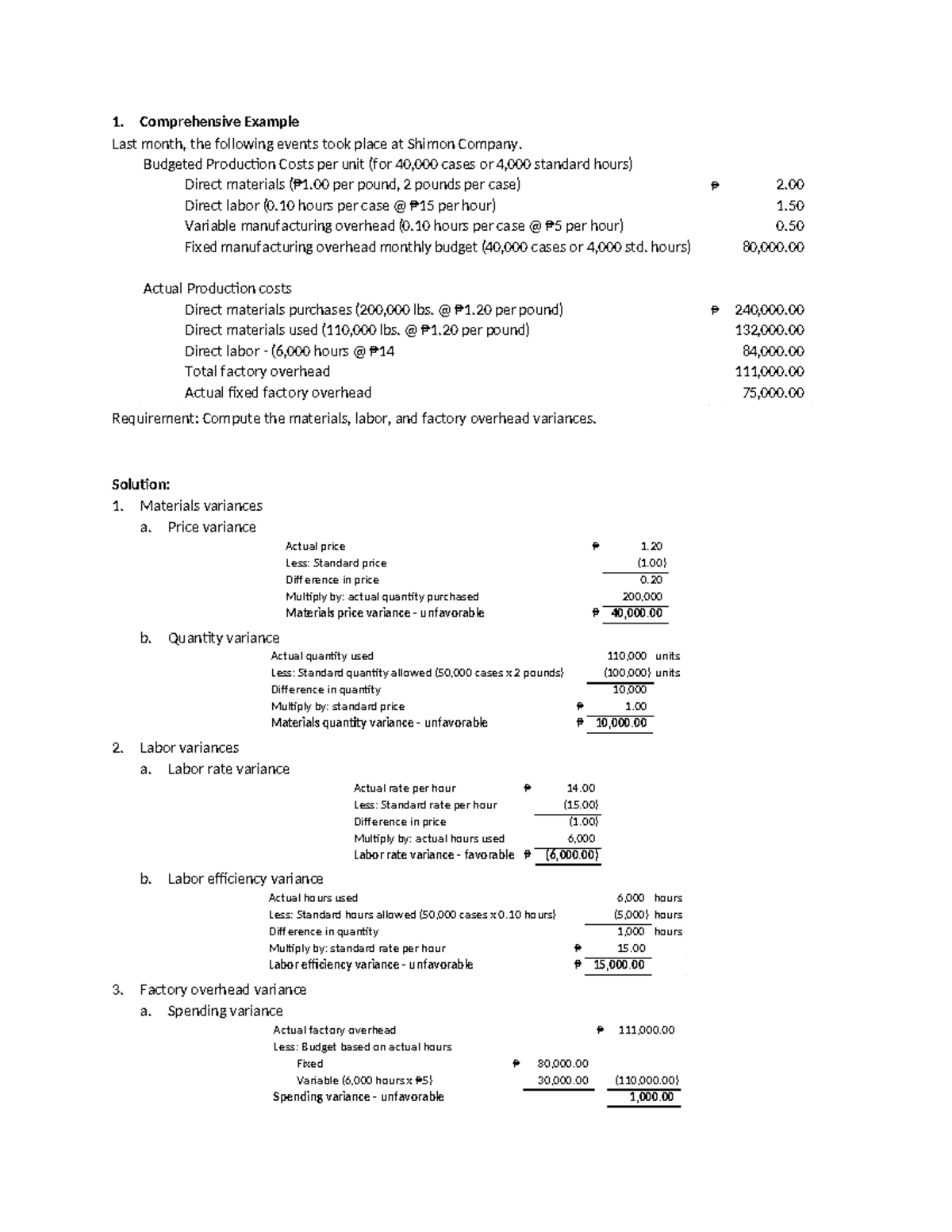 Standard Costing Practice Questions Answer Key - 1. Comprehensive ...