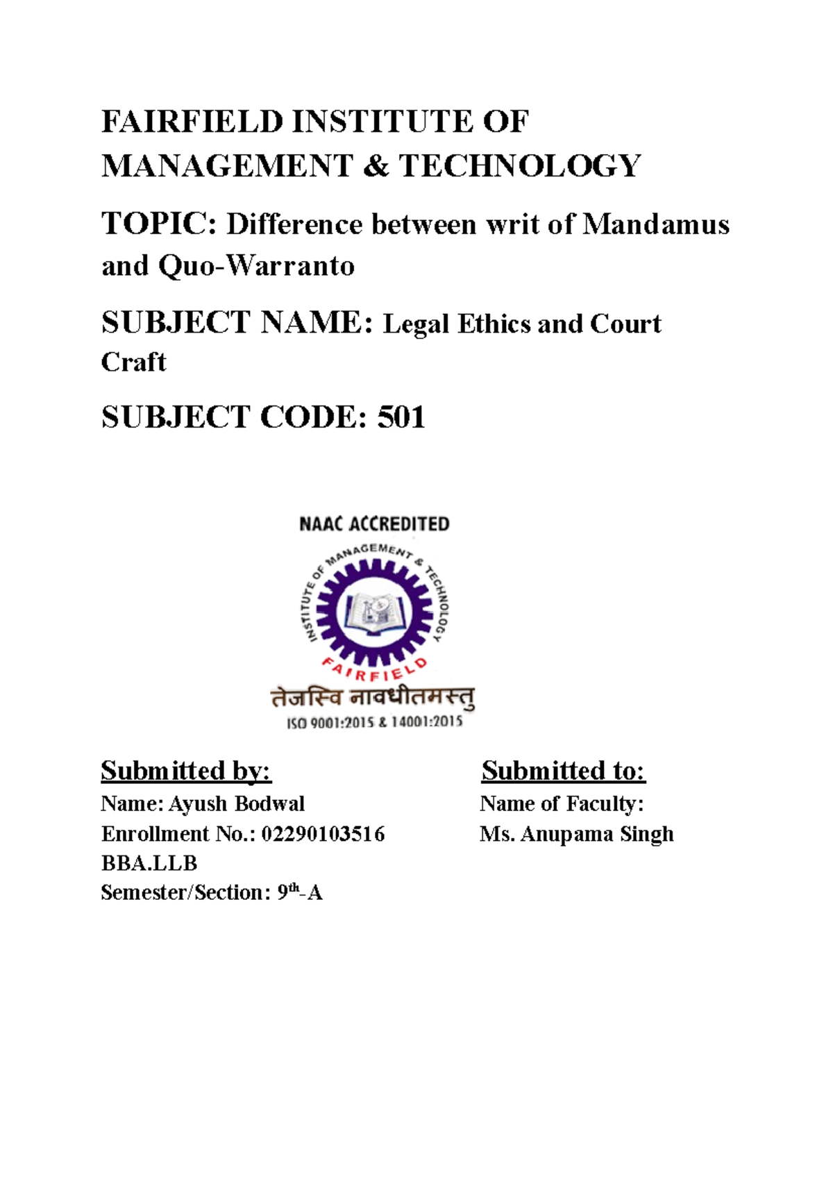 Assignment 501 legal ethics and court craft FAIRFIELD INSTITUTE OF