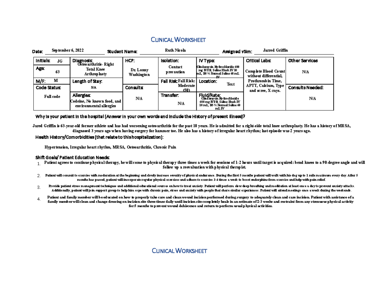 Clinical Worksheet-Jarred Griffin - CLINICAL WORKSHEET Date: Student ...