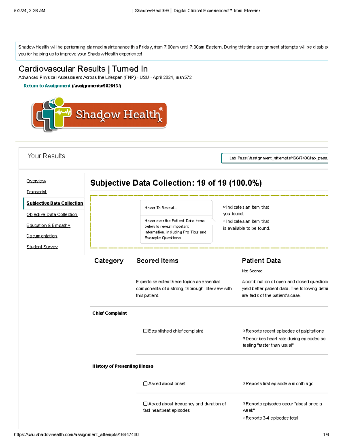Shadow Health Cardiovascular Subjective - Cardiovascular Results ...