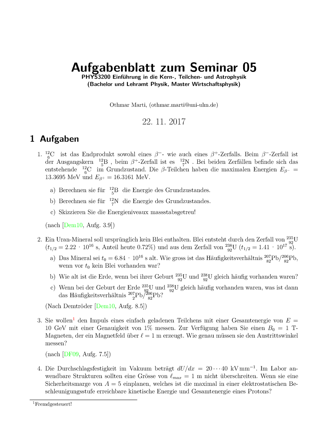 Aufgabenblatt 05 Zu Den Seminaren Vom 22. 11. 2017 Mit L”sungen ...