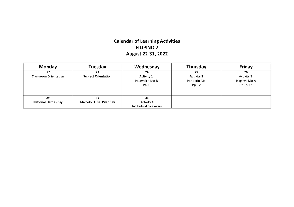 Calendar OF Activities Grade 7 8 Calendar of Learning Activities