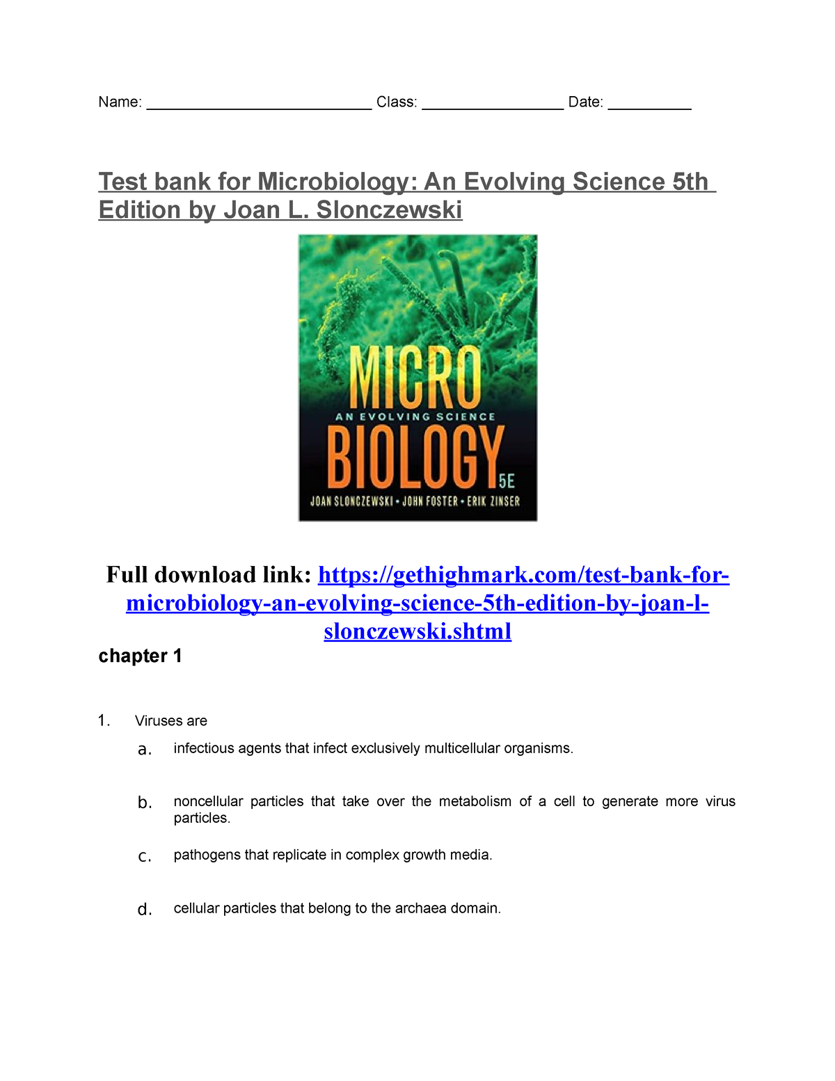 Test bank for Microbiology An Evolving Science 5th Edition by Joan