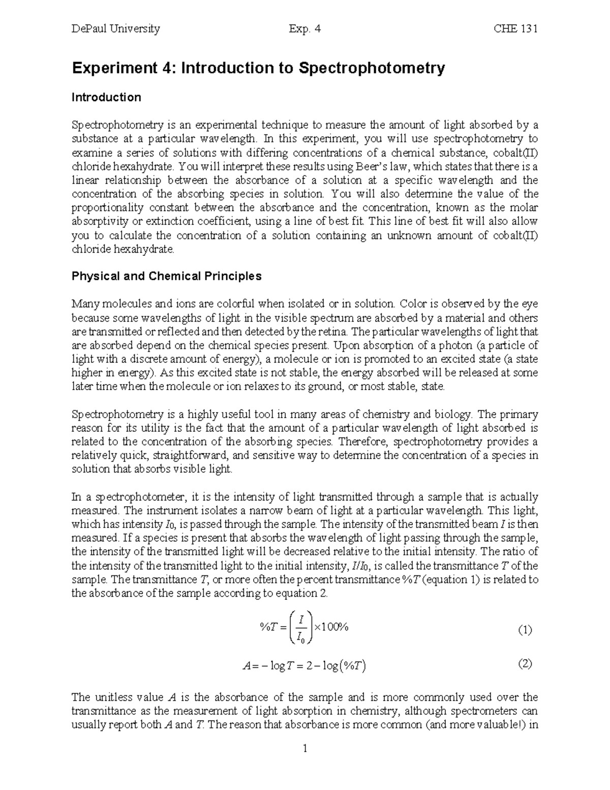 CHE131Expt4Intro Spec AQ20 Experiment 4 Introduction to