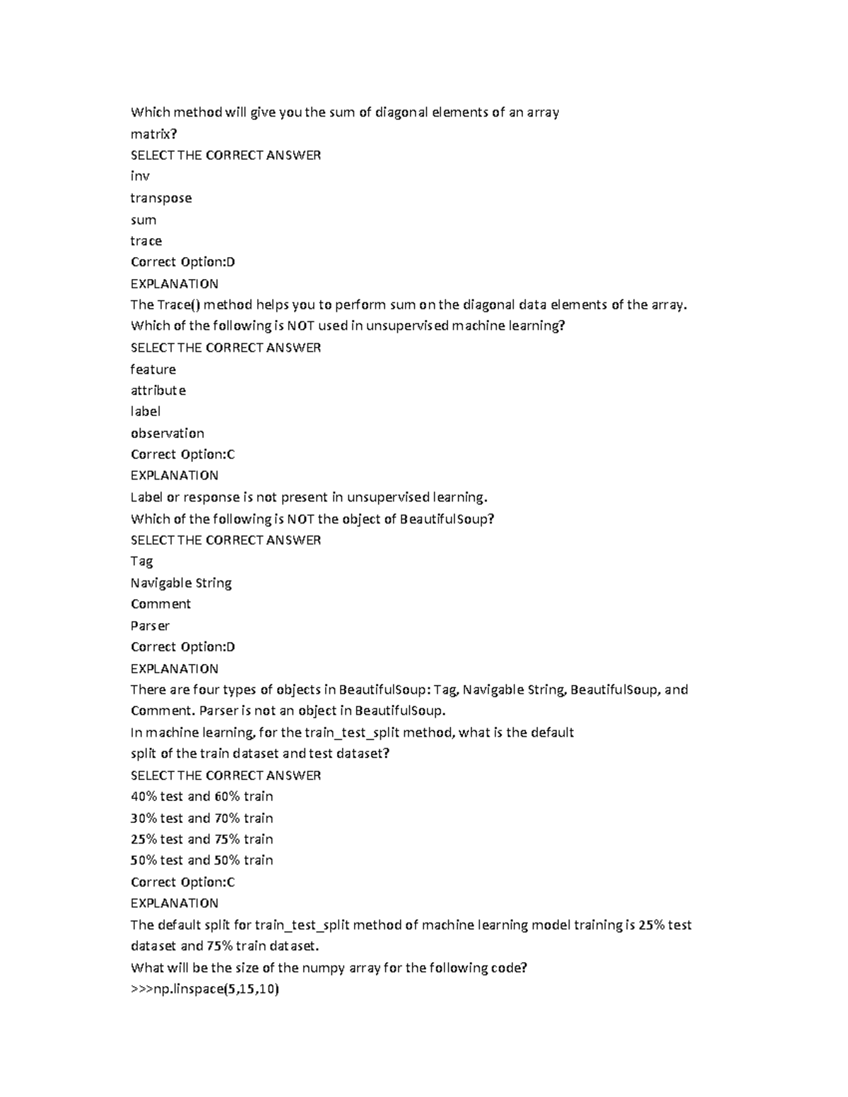 Python Test 5 with answer - Which method will give you the sum of ...