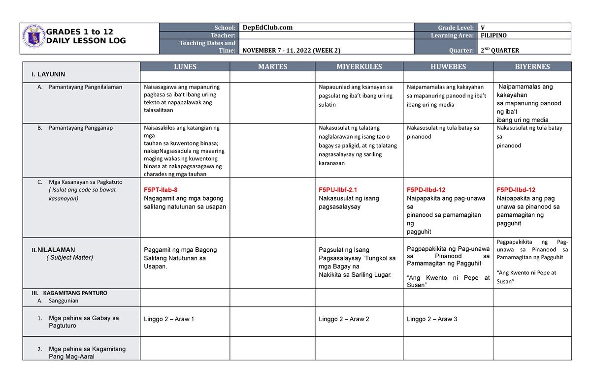 DLL Filipino 5 Q2 W2 - DLL - GRADES 1 To 12 DAILY LESSON LOG School ...