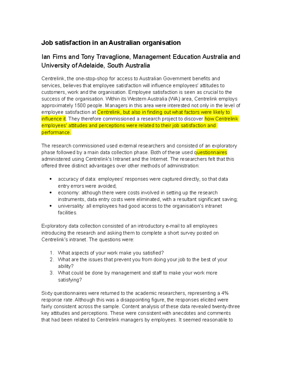 Seminar 7 Week 23 Case Study Job satisfaction in an Australian