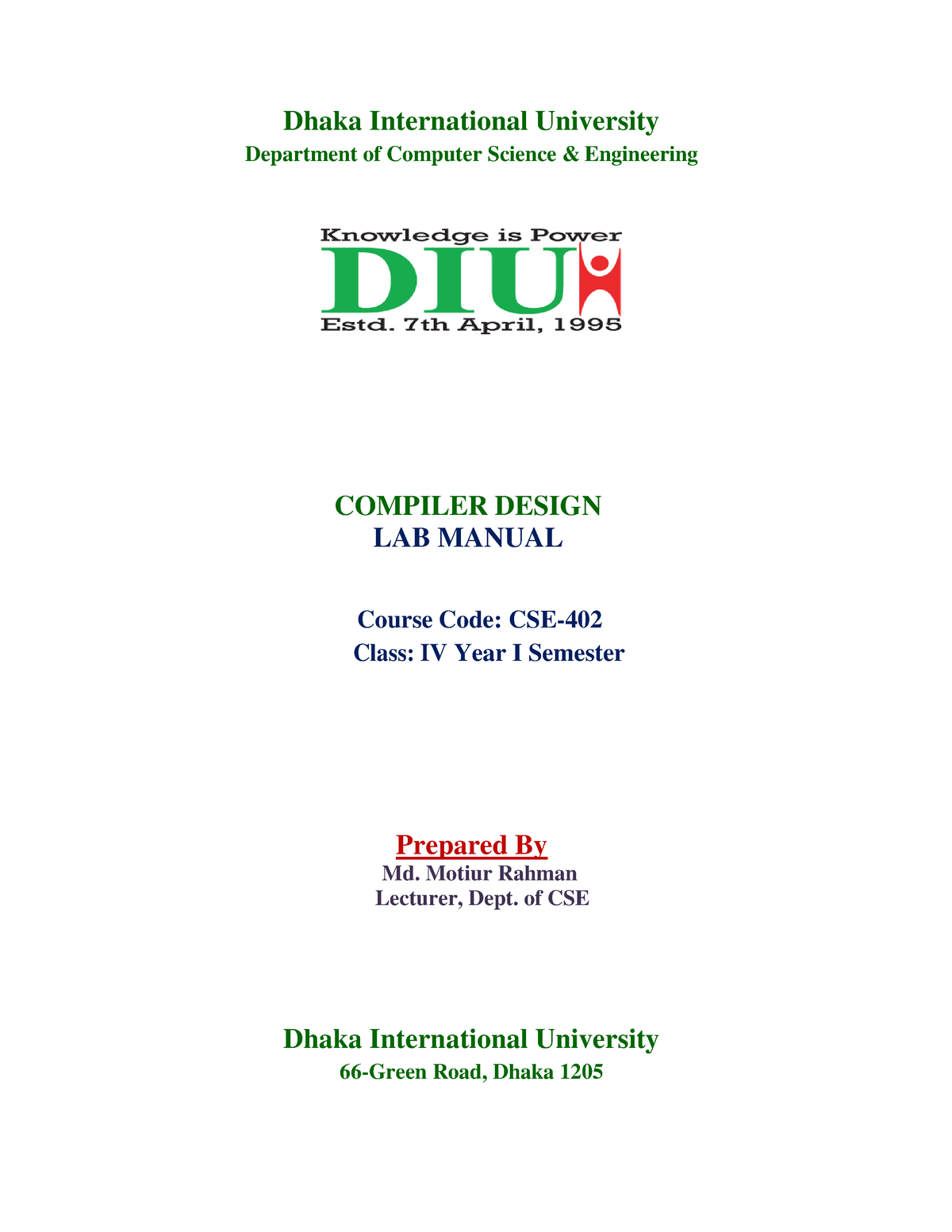 Compiler Lab Manual Diu - Dhaka International University Department Of ...