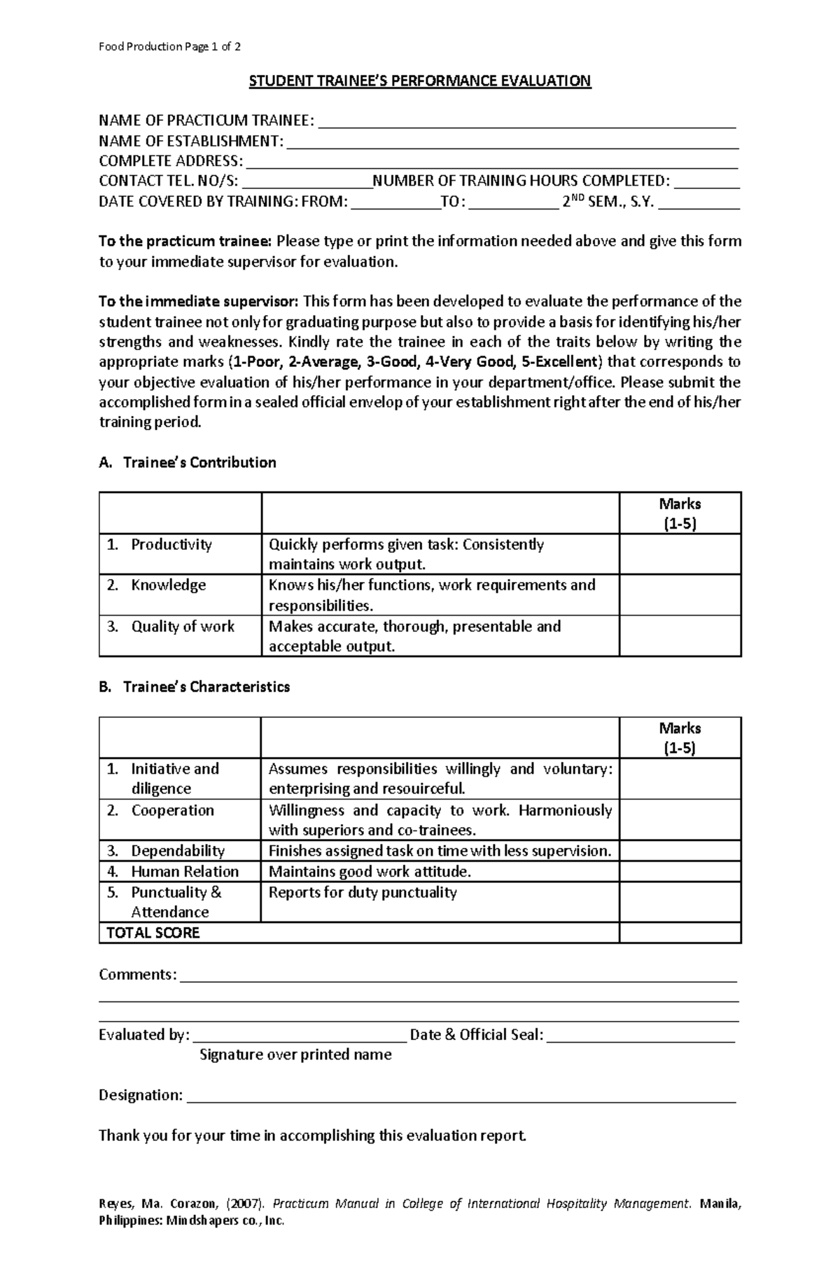 BSHM Students OJT Evaluation FORM - Food Production Page 1 of 2 STUDENT ...