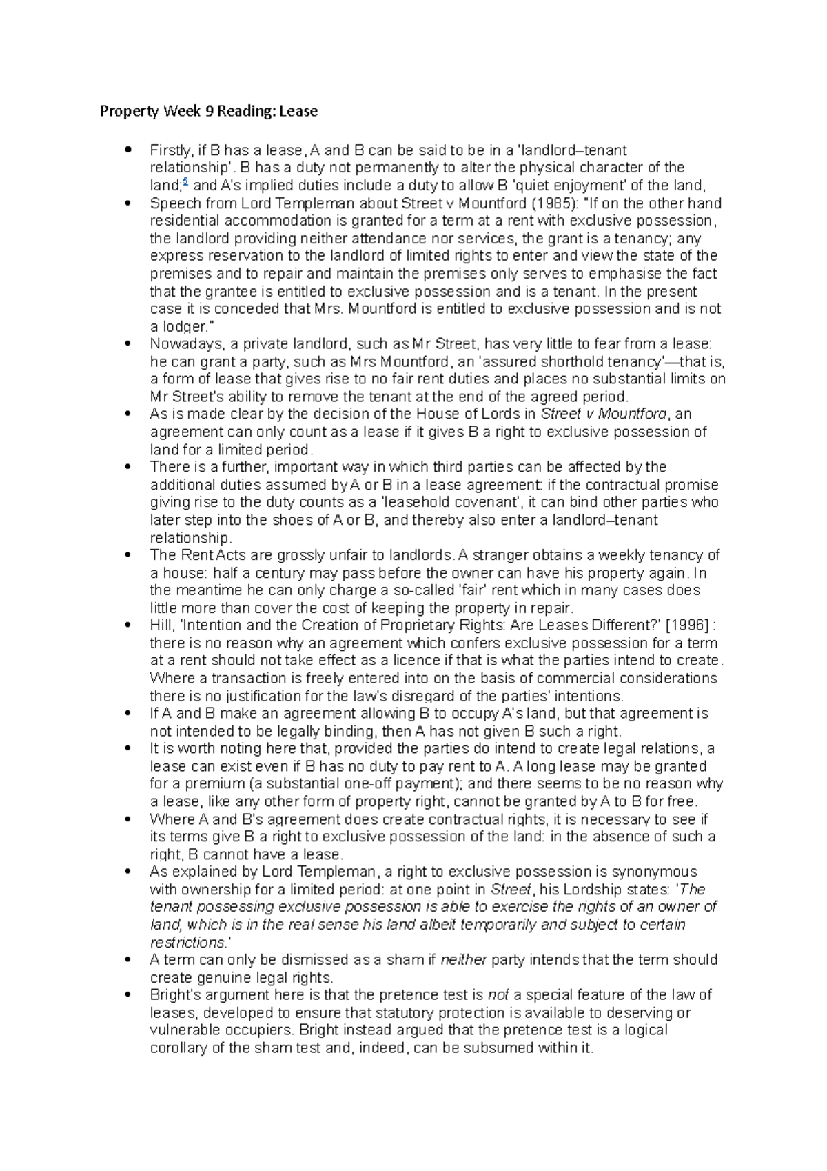 Property Week 8 Reading Property Week 9 Reading Lease Firstly, if B has a lease, A and B can