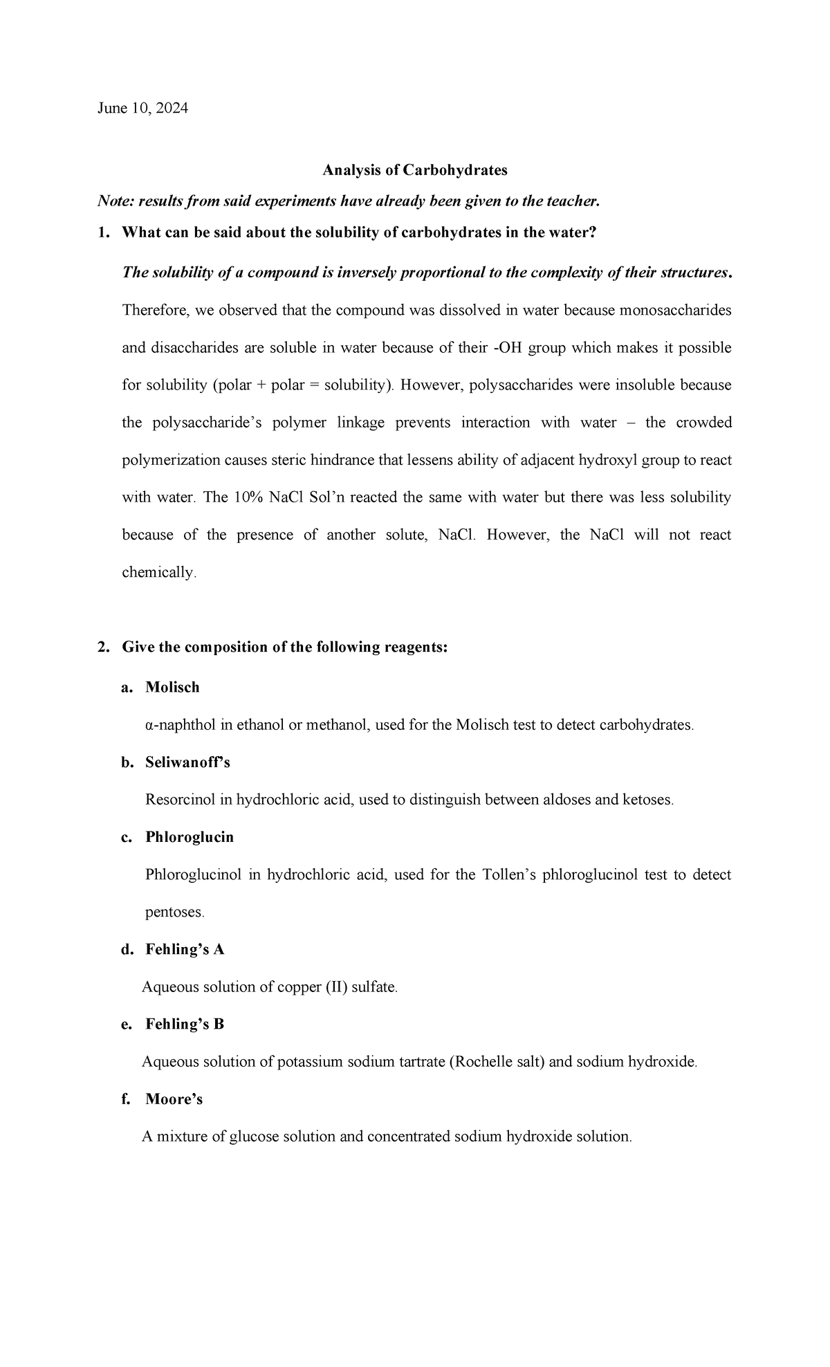 Analysis Of Carbohydrates - June 10, 2024 Analysis Of Carbohydrates 