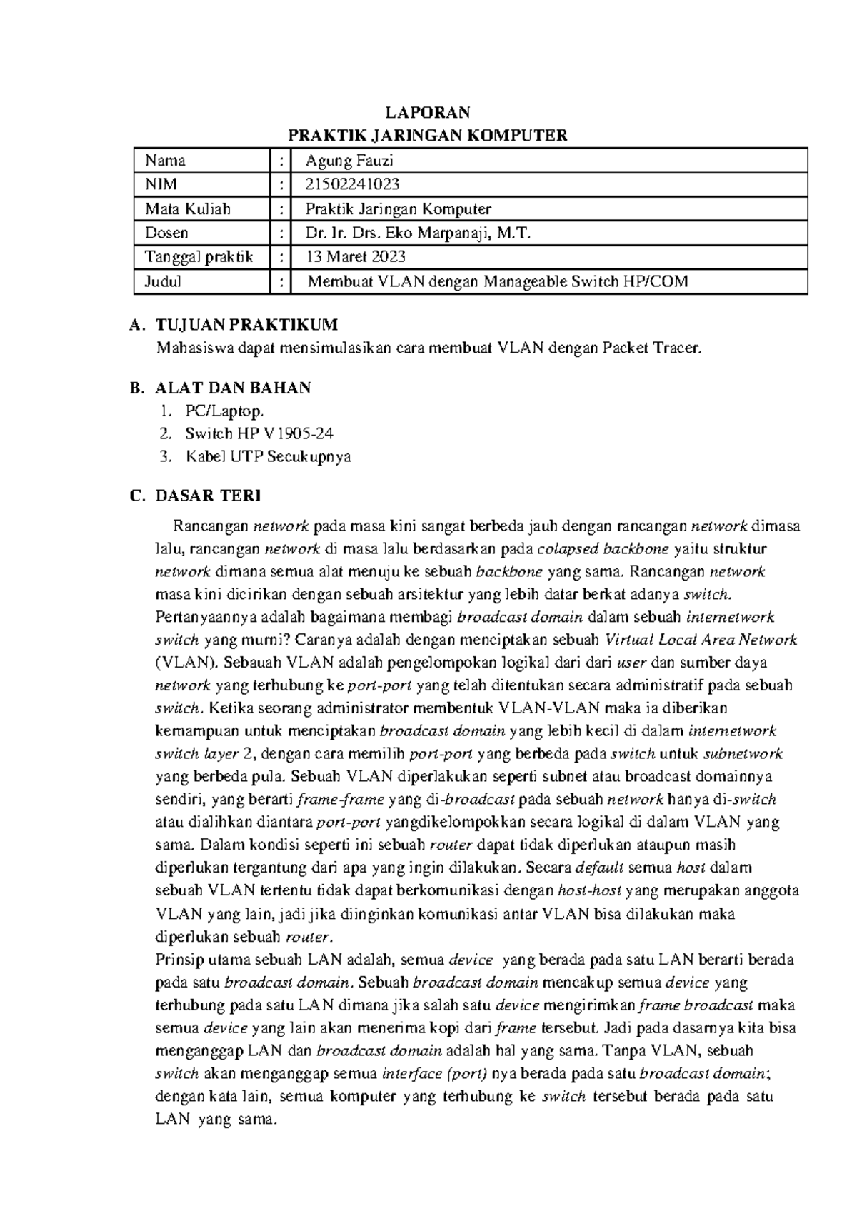 21502241023 Agung Fauzi Laporan Membuat VLAN dengan Manageable Switch