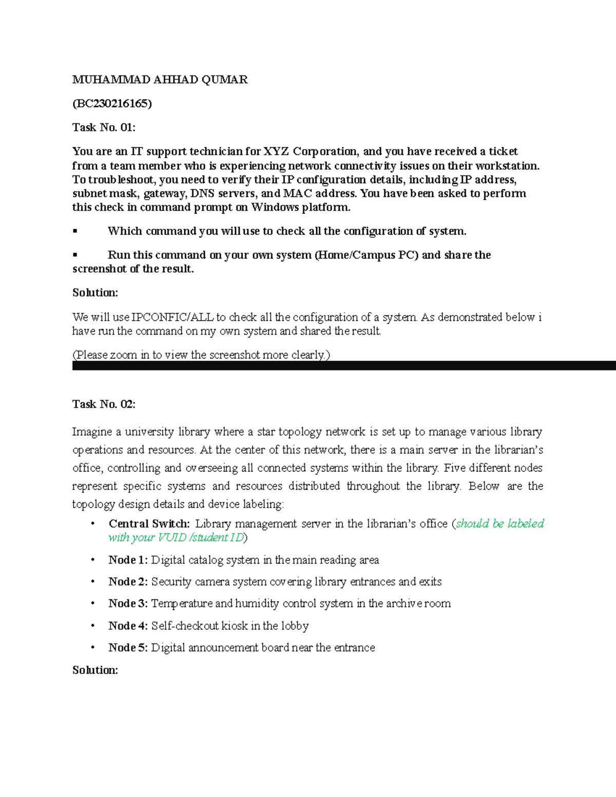 Cs601 p - MUHAMMAD AHHAD QUMAR (BC230216165) Task No. 01: You are an IT ...