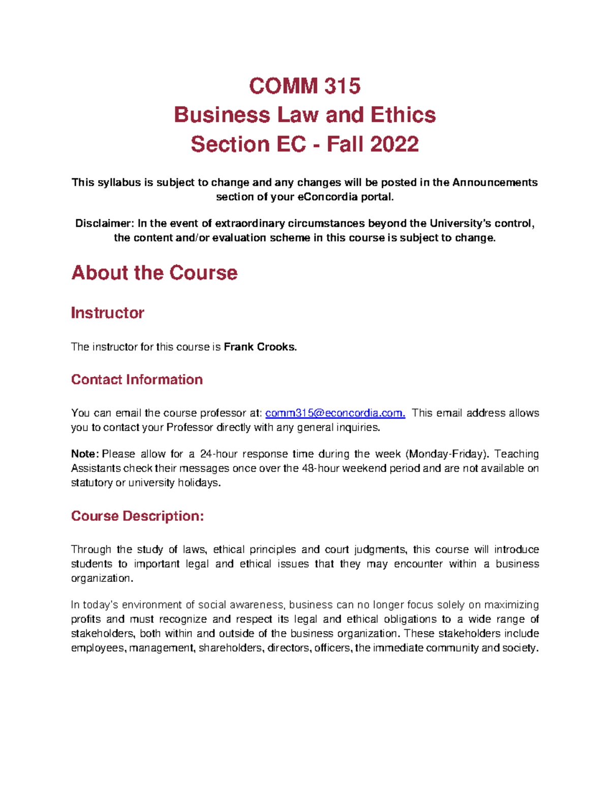 COMM 315 EC - Outline (Fall 2022) - COMM 315 Business Law and Ethics ...