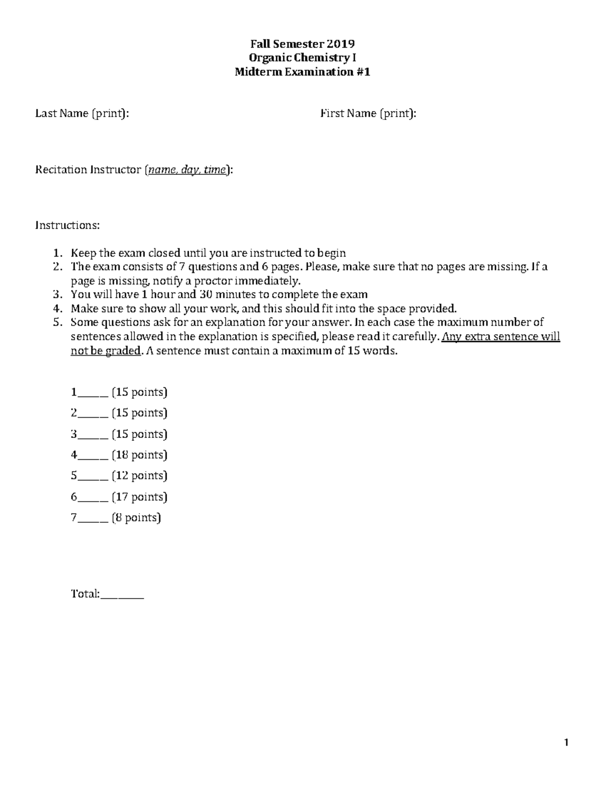 Exam 1 fall 2019 - Orgo exam 1 - Fall Semester 201 9 Organic Chemistry ...