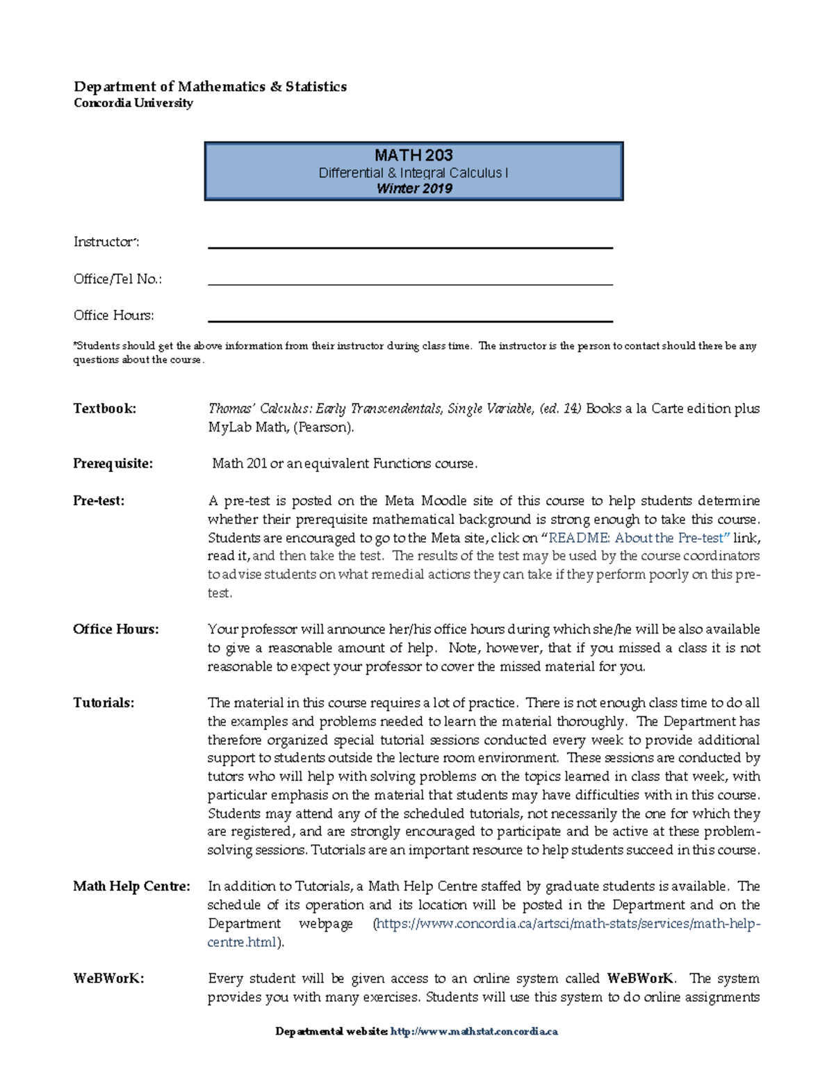 Course Outline Math 203 Winter 2019 - Departmental Website: Mathstat ...