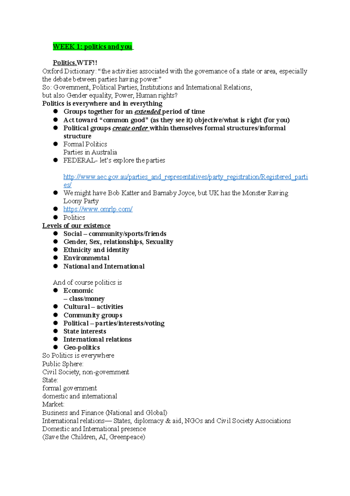 WEEK 1 - week 1 notes fro pol150 - introduction to politics - WEEK 1 ...