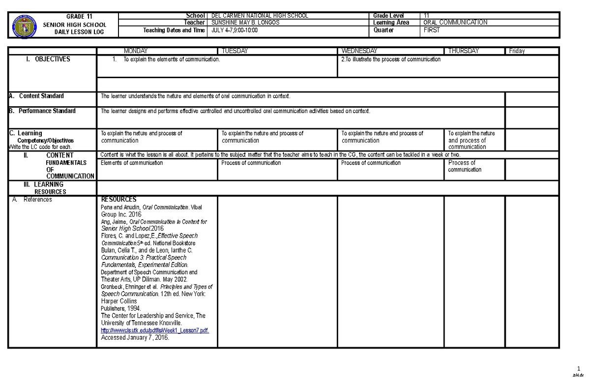 Oral-com-dlldocx - N/A - 1 GRADE 11 SENIOR HIGH SCHOOL DAILY LESSON LOG ...