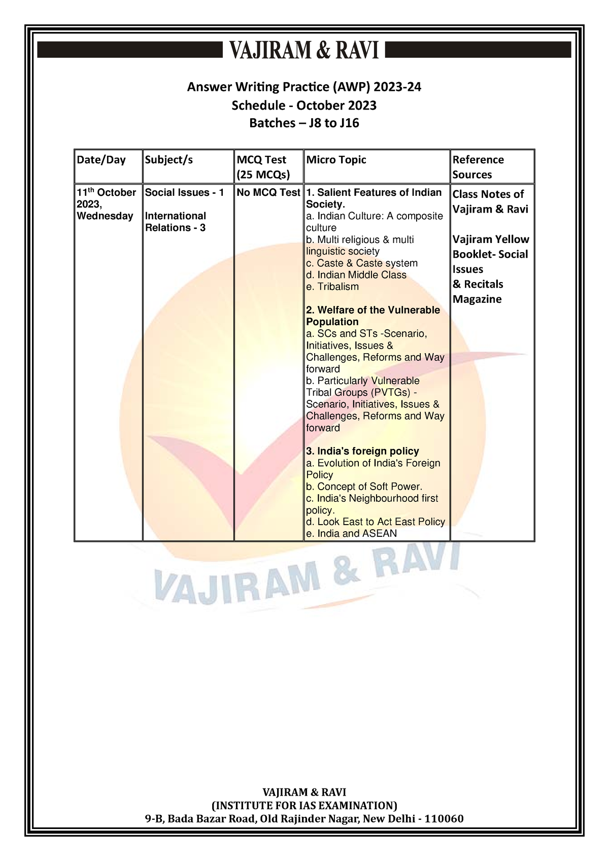 AWP 2023 Schedule - Group III - Batches J8 To J16 - 11 Oct - VAJIRAM ...