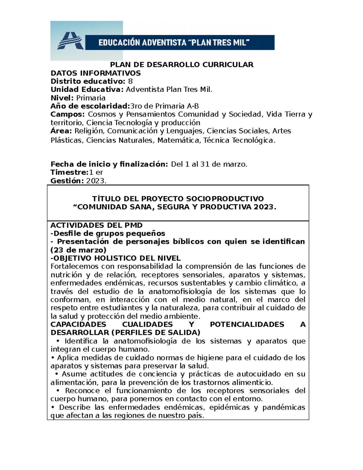 PDC Marzo 2023 3RO DE Primaria 2023 A-B - PLAN DE DESARROLLO CURRICULAR ...