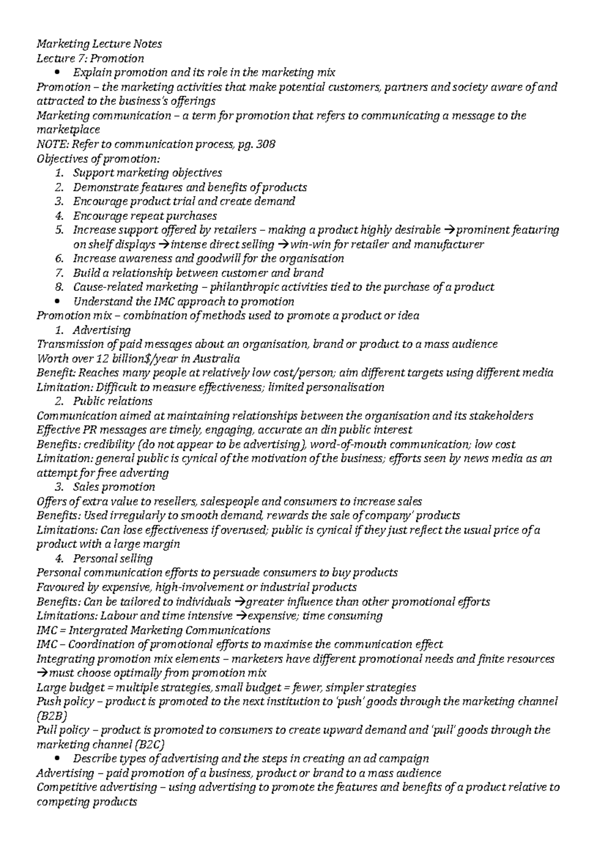 Marketing Lecture 7 and 8 Notes - Marketing Lecture Notes Lecture 7 ...