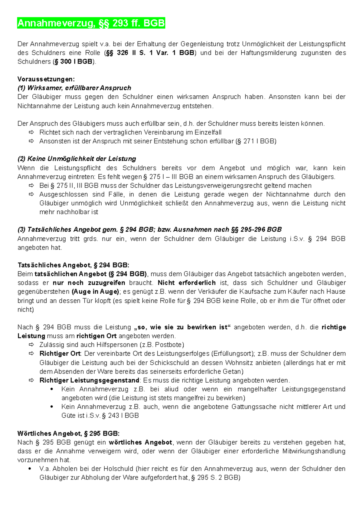 Übersicht: Annahmeverzug - Annahmeverzug, §§ 293 ff. BGB Der ...