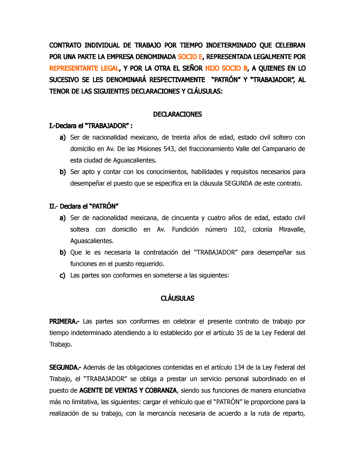 Contrato Trabajo Hijo Socio B - CONTRATO INDIVIDUAL DE TRABAJO POR ...