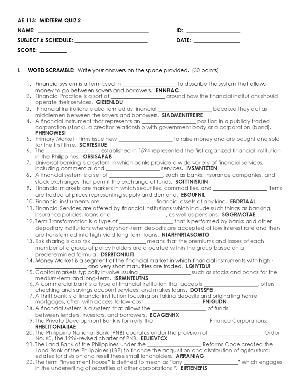 Financial Markets: QUIZ-2 - AE 113: MIDTERM QUIZ 2 NAME