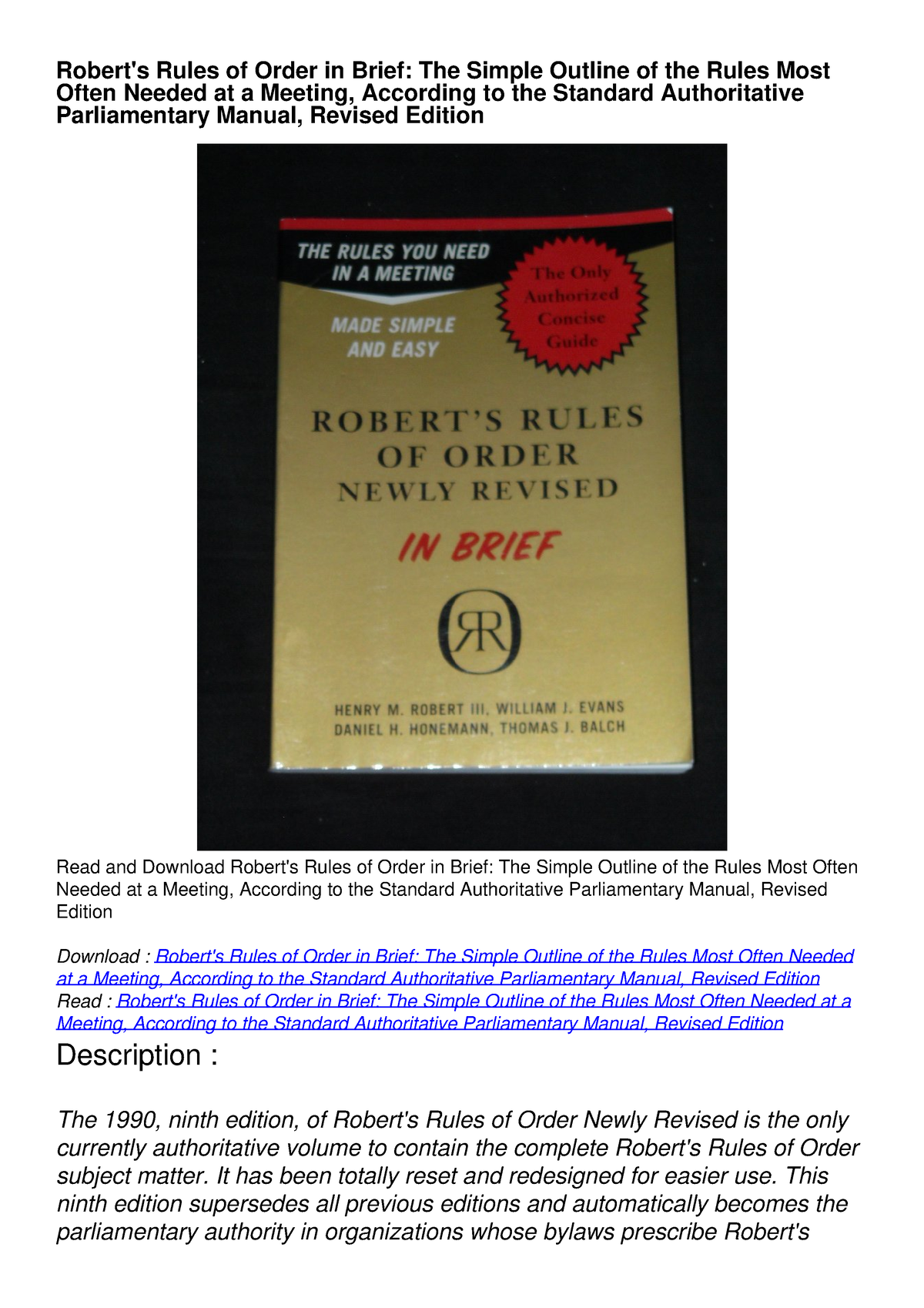 PDF_ Robert's Rules Of Order In Brief: The Simple Outline Of The Rules ...