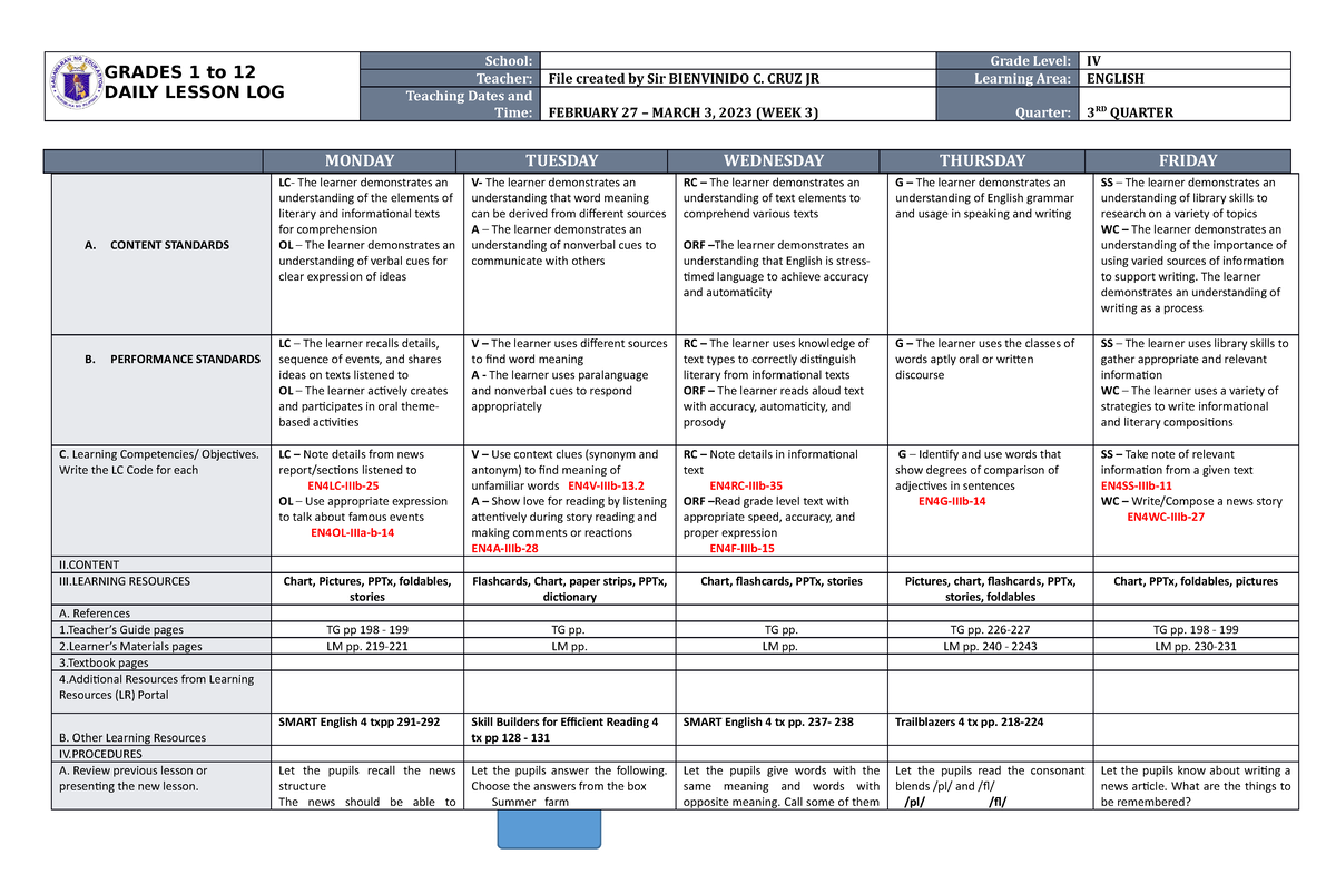 DLL English 4 Q3 W3 - GRADES 1 To 12 DAILY LESSON LOG School: Grade ...