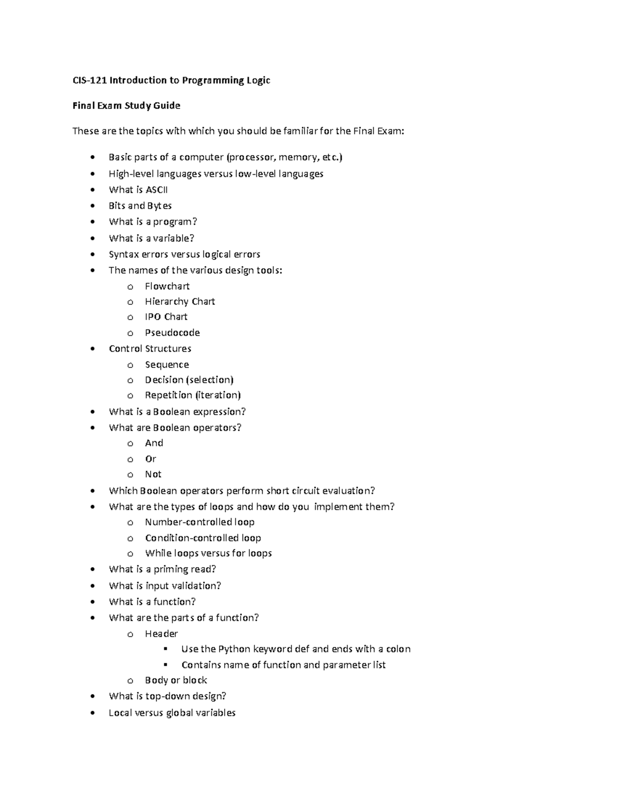 CIS 121 Final Exam Study Guide - CIS-121 Introduction to Programming ...