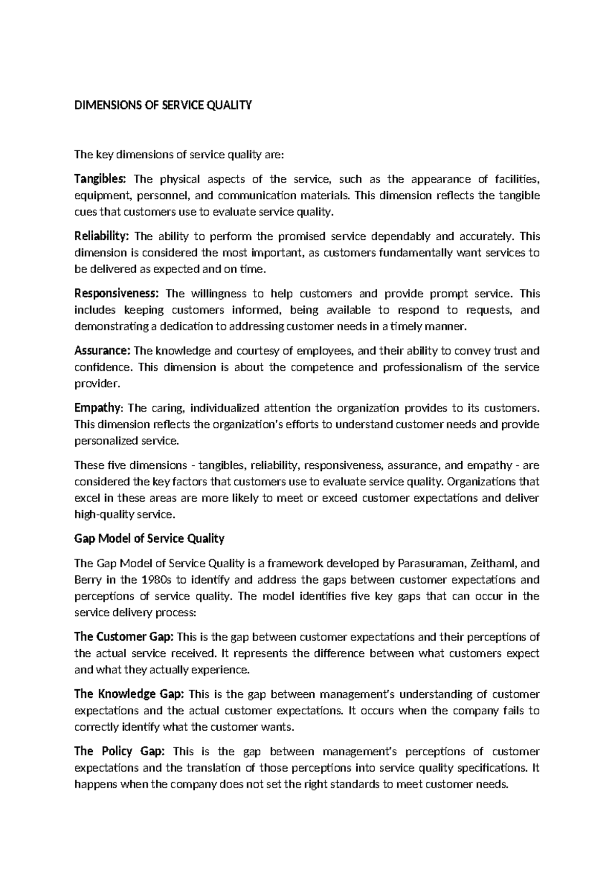 Dimensions OF Service Quality - DIMENSIONS OF SERVICE QUALITY The key ...