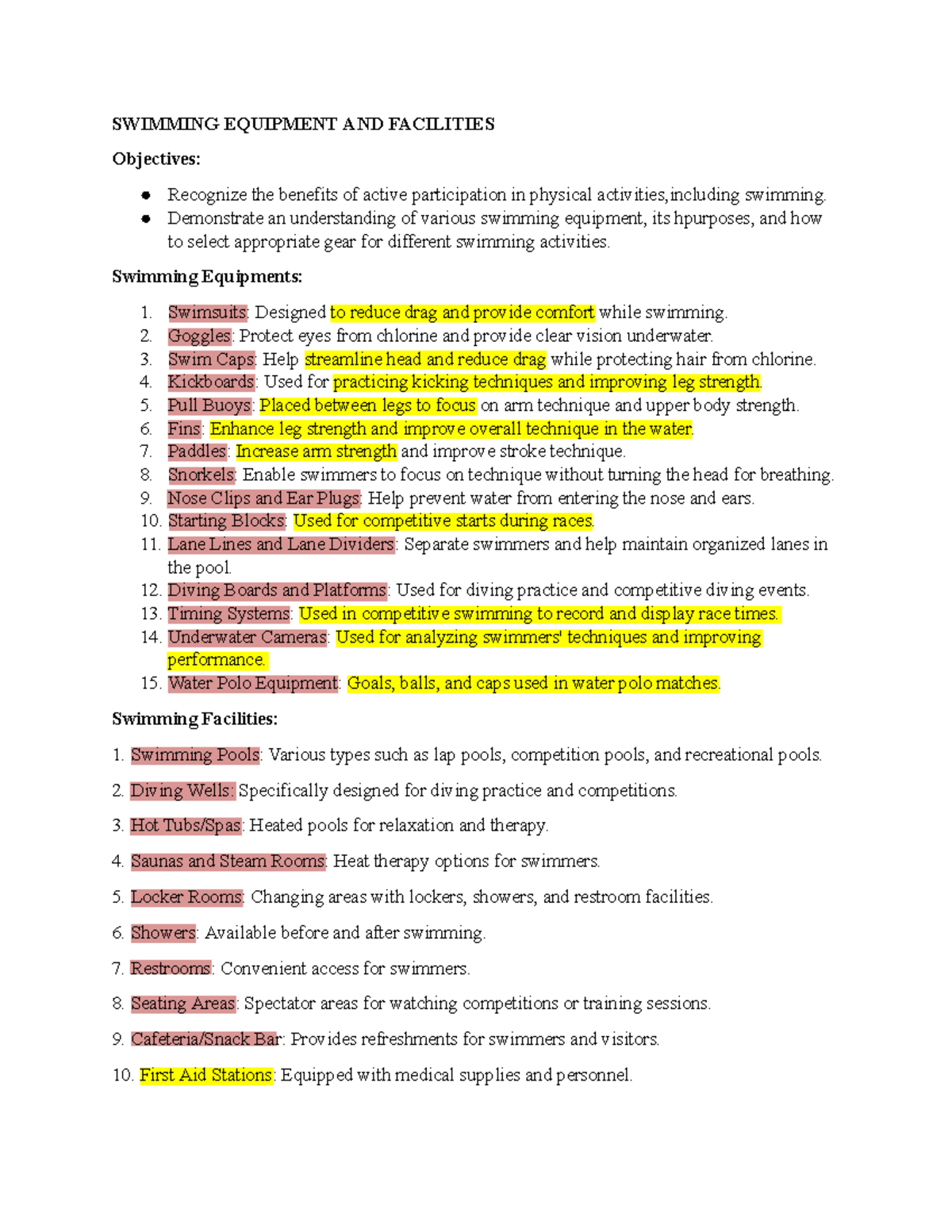 Swimming Equipment and Facilities SWIMMING EQUIPMENT AND FACILITIES